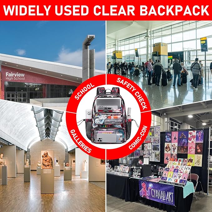 CAMTOP Clear Backpack Heavy Duty Transparent Bag See Through BookBag for Student School Work Festival Sport Travel (Graffiti Red)