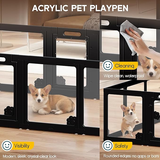 Albott Acrylic Clear Dog Playpen Indoor, Modular Puppy Cat Small Pet Play Pen with 3 Doors, Transparent Fence for Little Dogs, Cats, Rabbits, Easy Assemble and Disassemble, Black (24" H, 17 pcs)