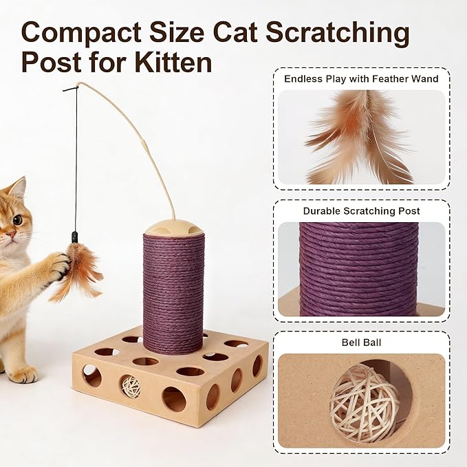 Cat Scratching Board 3 in 1 with Scratching Post, Rotating Teaser Wand & Bell Ball, Cat Nail File Enrichment Box for Indoor Cats Kitten, Interactive Cat Toys for Boredom Relief