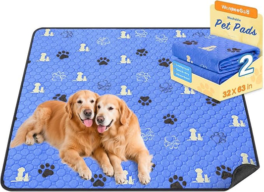 WanpeeGoo Washable Pee Pads, Puppy Pee Pad for Dogs, 2 Pack Absorbent Reusable Training Dog Pads Pet Puppy Pads, Non-Slip Potty Pads for Whelping, Playpen, Crate, Bed, Blue 32"x63"