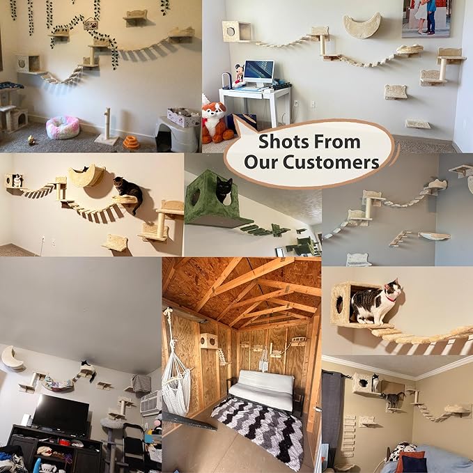 Cat Wall Shelves, Wall Mounted Cat Shelf Furniture with Plush Fabric(16 Piece Set), Cats Furniture with 40''L Tunnel, Condos, House, Steps, Bridge Ladder and Scratching Post, Green