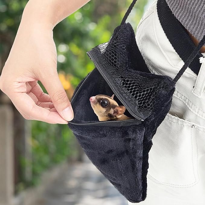Sweetude 2 Pcs Sugar Glider Pouch Breathable Carrying Bonding Pouch Soft Hamster Carrier with Strap Zipper Small Animal Travel Sleeping Bag Cage Accessories for Rat Reptile Other Small Pets(Black)