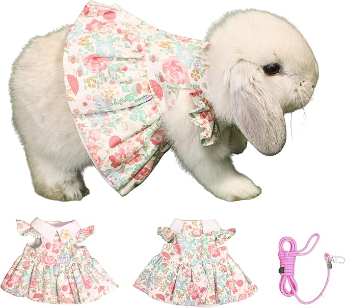 SMOLKITH Rabbit Clothes - Bunny Adjustable Rose Dress with Leash, Small Animal Apparel for Walking - Fits Meerkats, Chinchillas, Guinea Pigs, Prairie Dogs and More