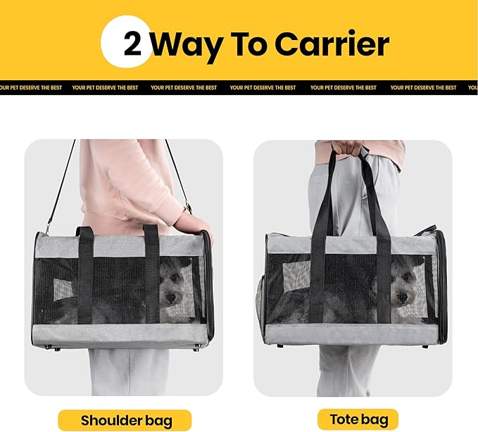Conlun Dog Carrier Soft Sided, Large Cat Carrier with Inner Safety Leash, Pet Transport Carrier for Large Cats and Medium Dogs up to 20 Lbs, Collapsible Travel Puppy Carrier Bag -Gray L