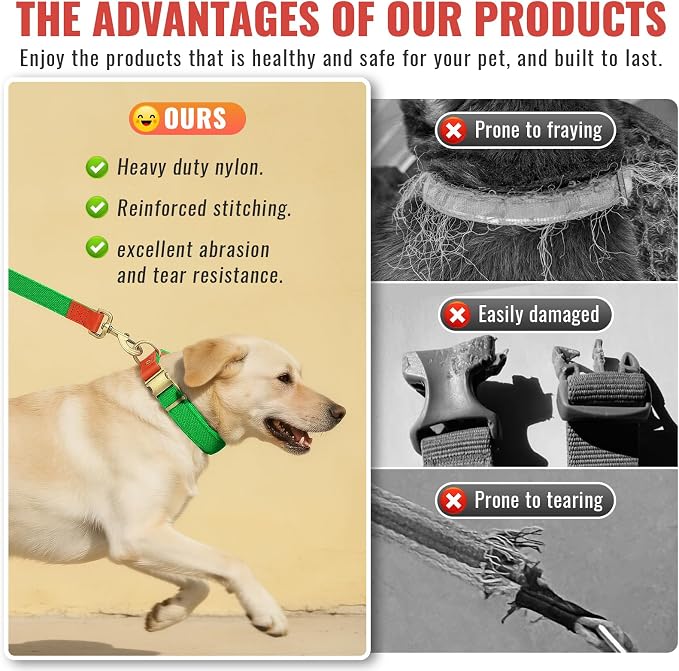 Dog Collar and Leash Set with Metal Quick Release Buckle, Adjustable, Breathable Nylon, Durable, Soft and Comfortable, No Pull for Walking and Training, Fluorescent Green, XL (16.9"-26")