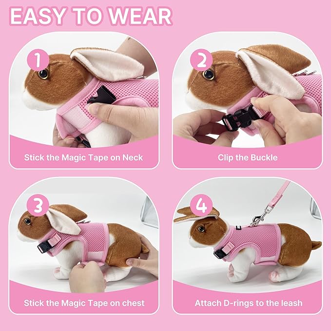 AIITLE Breathable Bunny Harness and Leash Set, Adjustable Straps & Magic Tape Design, Comfort Fit Vest for Puppies, Cats, Squirrels, Rats, Bunnies, Ferrets, Outdoor Walking, Pink S
