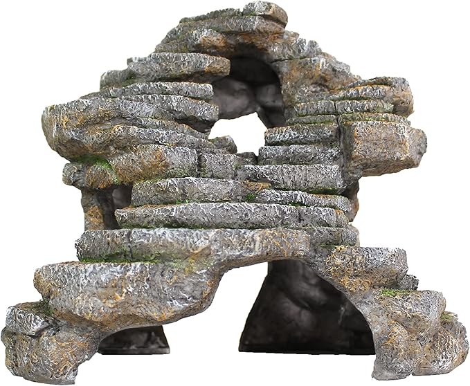 Penn-Plax Reptology Shale Scape Step Ledge & Cave Hideout - Durable Resin Reptile Platform for Climbing & Basking -Realistic Rock Decor for Territorial Fish & Reptiles -Blue Camo, 11.8 x 9.5 x 10.5 In