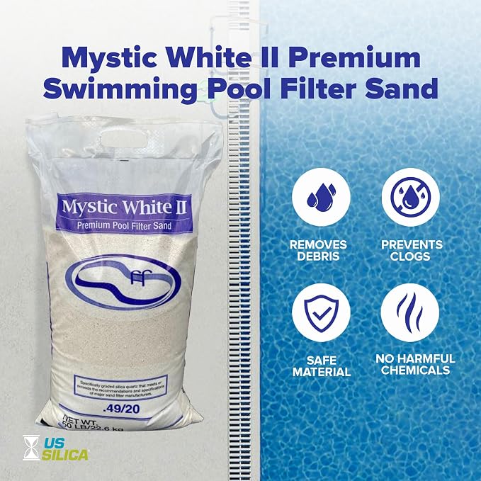 U.S. Silica Mystic White II Swimming Pool Filter Sand, 50 lb Bag | Silica Sand for Above Ground & Inground Pool Filter Pumps, Swimming Pool System Cleaning & Maintenance Supplies