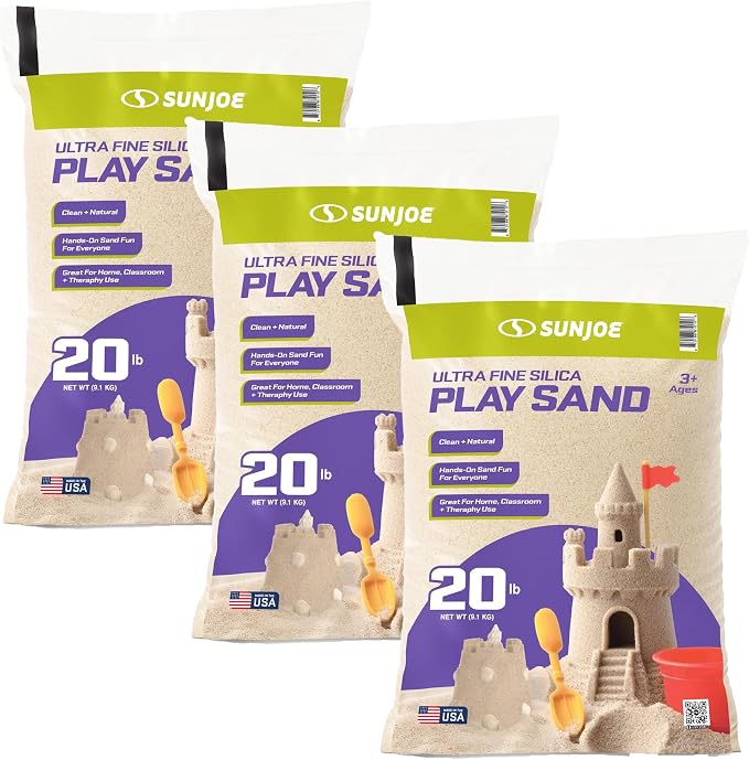 Sun Joe 3 Pack Silica Play Sand for Sandbox, Sensory Table & Garden Spaces, Ultra Fine, 20 Lbs - Natural Craft Accessory for Molding, Digging & Sculpting - Ideal for Indoor and Outdoor Use