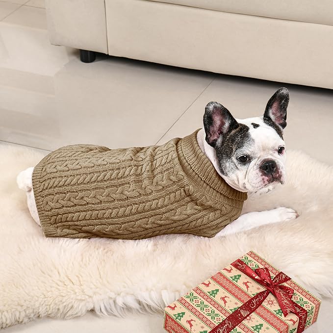 2 Pack Dog Sweaters for Medium Dogs Winter Turtleneck Pullover Cable Knit Fleece Stretch Frenchie Dachshund Pug Corgi Beagle Boy Girl Pet Clothes (M, Red & Brown)