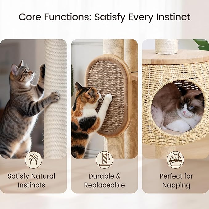 Modern Cat Tree，Cat Tower with Scratching Post, Handwoven Pumpkin Nests and Baskets,Sisal Blanket