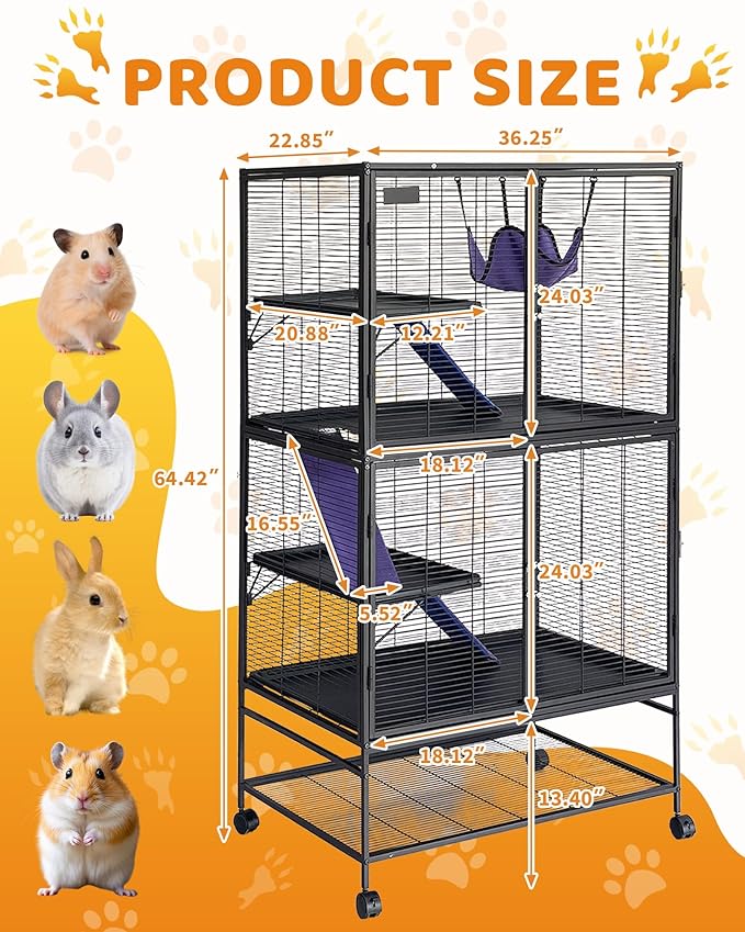 Garvee Metal Small Animal Cage,64 in H Ferret Cage for Small Animals - 4 Tier Large Hamster Cage with Removable Ramp, Hammock, Extra Storage Stand,Removable Tray for Ferret, Chinchilla, Hamster