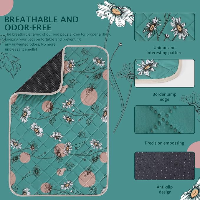 IEUUMLER Washable Pee Pads for Dogs, 2 Pack Non-Slip & Waterproof Pack Whelping Pad, Reusable Washable Puppy Potty Training Pad with Fast Absorbent for Playpen EU007 (Teal Daisy, 30"X20"-2pcs)