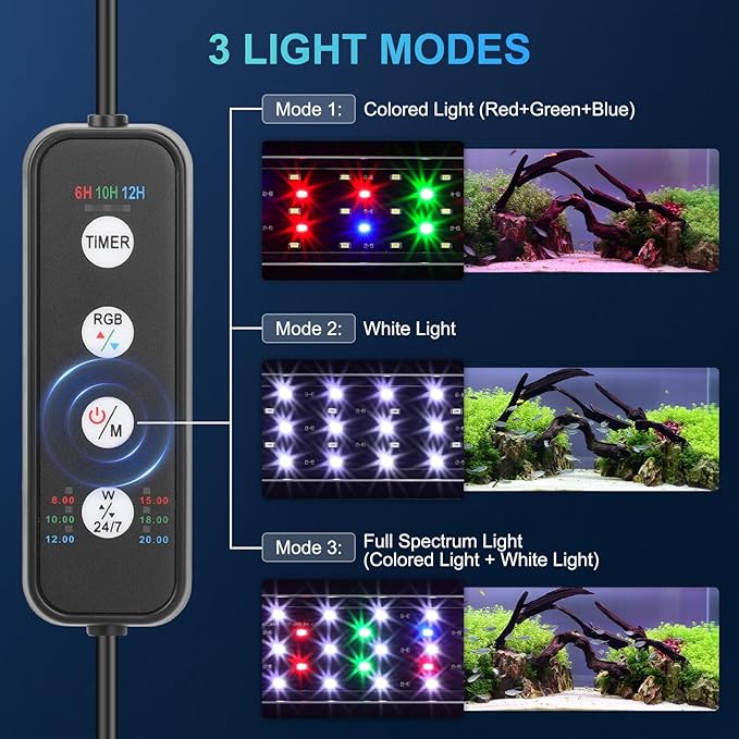 AQQA LED Aquarium Light for Plants, 24/7 Mode Full Spectrum Fish Tank Light with 3 Light Modes, Adjustable Timer/Brightness, Memory Function, Extendable Brackets for Freshwater for 40-48 Inch Tank 30W