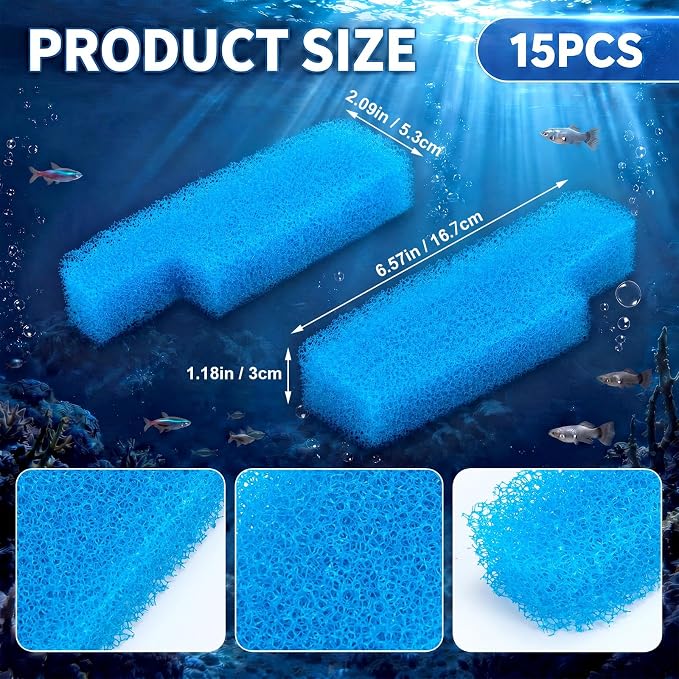 Threlaco 15 Pcs Aquarium Sponge Foam Filter Pads Compatible with Seachem Tidal Replacement Polishing Pad Fish Tank Filter Floss, Media for Crystal Clear Water(Compatible with Seachem Tidal 55,Blue)
