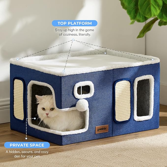 ZOMISIA Extra-Wide Cat House for Indoor Cats - Large Cat House for Pet with Fluffy Ball Hanging and Scratch Pad, Foldable Cat Hideaway for Multi Cats, 23x16.5x13 inches, Grey