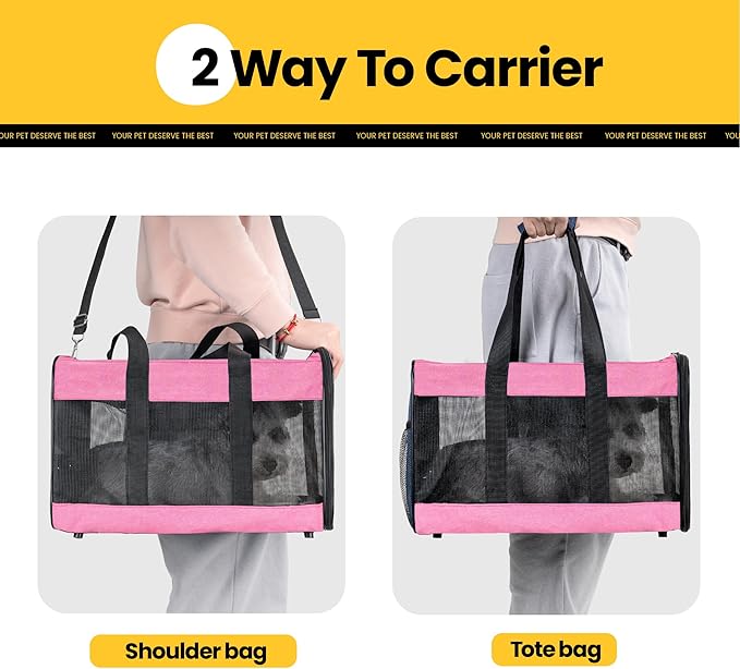 Conlun Cat Carrier Airline Approved, Soft-Sided Dog Carrier with Inner Safety Leash, Pet Transport Carrier for Small-Medium Cats Puppies up to 15 Lbs, Collapsible Travel Kitten Carrier Bag -Pink M