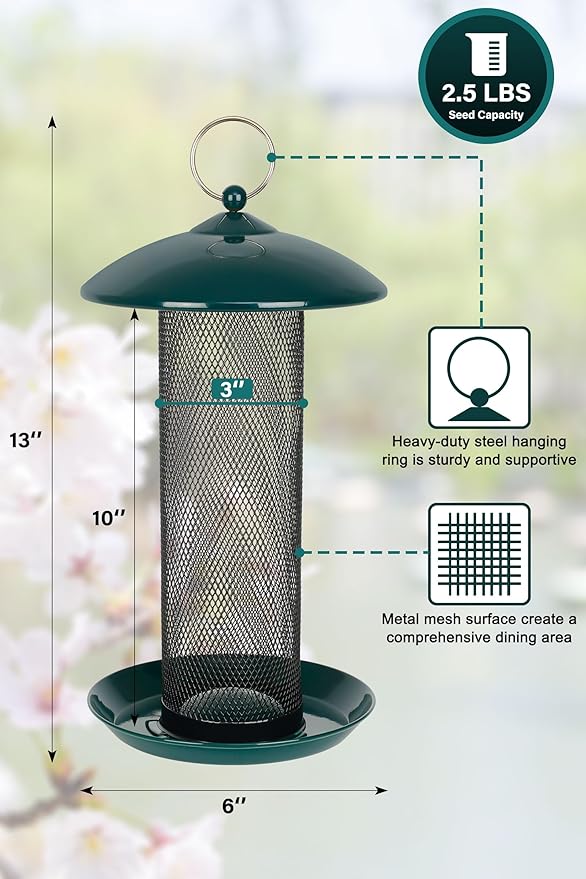Gtongoko Finch Bird Feeders for Outdoors 2.5 LB Capacity Squirrel Proof Metal Mesh Tube Bird Feeders Thistle & Nyjer Seed Hanging Feeder, Green