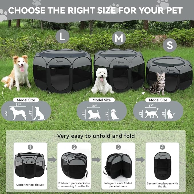 Siedihit Dark Grey Dog Cat Playpen, Puppy Pet Playpen, Small Dogs Tent Crates Cage Indoor/Outdoor, Portable Pop Up Dog Kennel Playpen with Carrying Case for Dogs/Cats/Rabbits