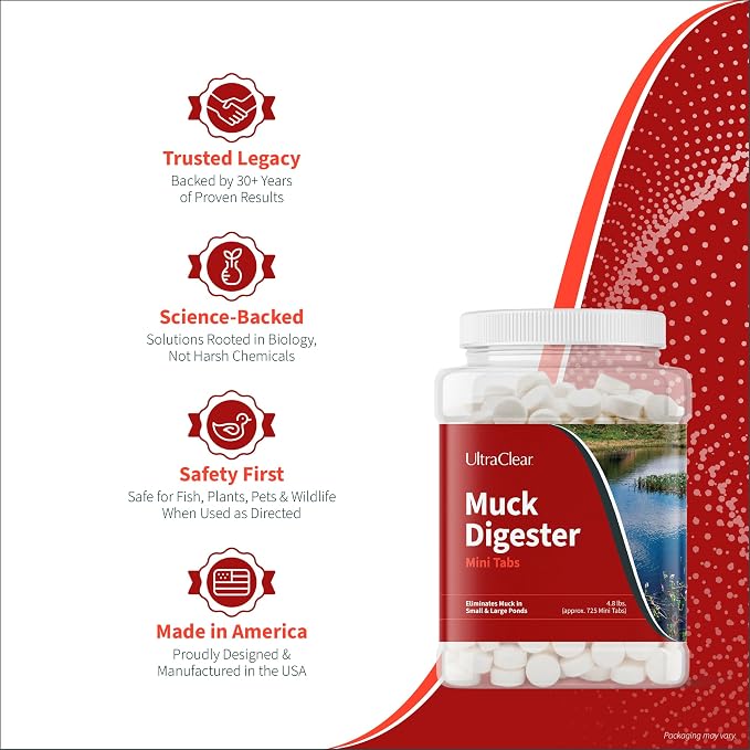 Concentrated Beneficial Bacteria Muck Digesters Tabs for Pond Muck, Sludge & Odor Reduction - 725 Tablets (4.8lbs) Treats up to 1.2 Acres (240,000 gallons) – Safe for Fish, Plants & Wildlife