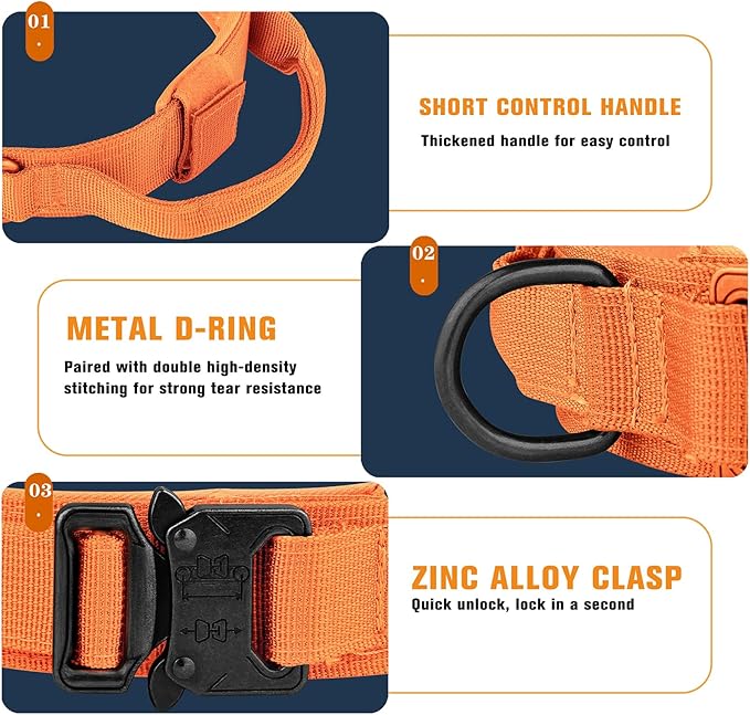 HYDEME Tactical Dog Collar Adjustable Nylon Collar with Control Handle and Heavy Metal Buckle for Medium and Large Dogs, with Patches&Airtags Case&Poop Bag Dispenser&Portable Bowl.(M, Orange)