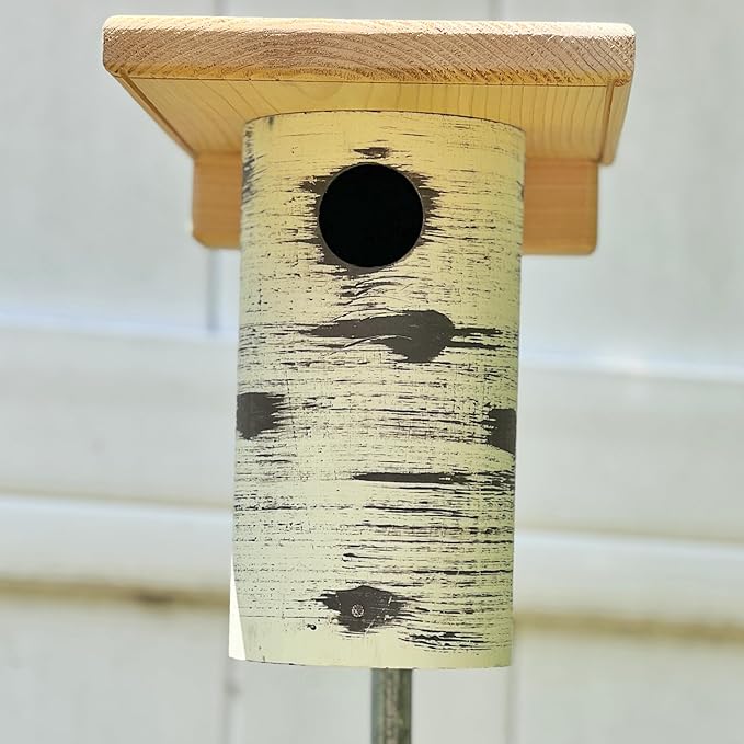 DutchCrafters Cedar Wood Pole Mount Gilbertson Bluebird House with Removable Base, Weatherproof Wooden Birdhouse Blue Bird Nesting Box for Outdoors