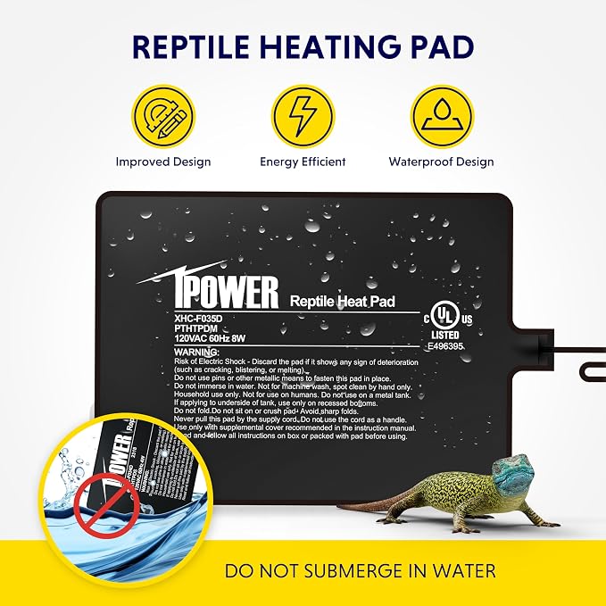 iPower Reptile Heat Pad 6X8 Inch 8W Under Tank Terrarium Warmer Heating Mat for Turtle, Lizard, Frog, Snake, Reptile, and Other Small Animals