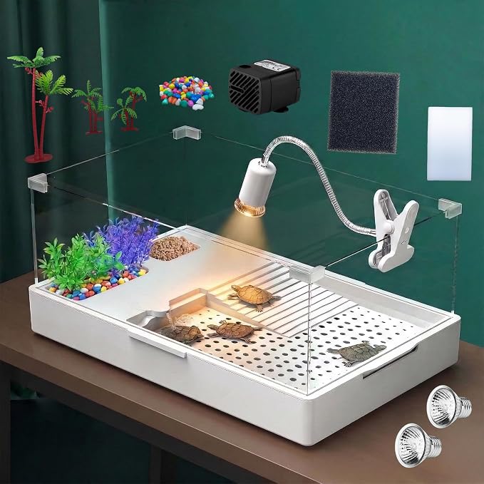 Large Turtle Tank Kit with Light and Water Pump | 23.6 Inch Clear Acrylic Starter Habitat with Basking Platform for Baby Turtles and Small Reptiles