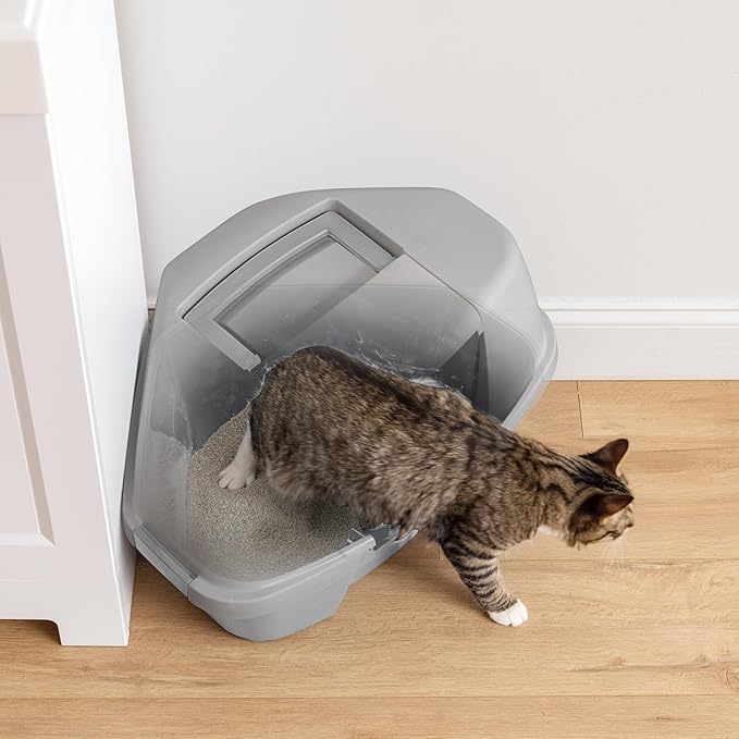 IRIS USA Cat Litter Box - Enclosed Corner Litter Box with Scoop, Hooded Litter Tray for Corners, Space-Saving Covered Litter Box, Odor Defensive, Gray