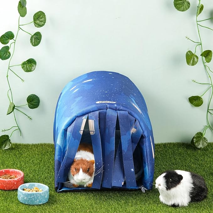 IBWell Guinea Pig Hideout Tunnel with Curtains Cute Starry Sky Bunny Hideaway for Cage Accessories Washable Soft Hedgehog Hides and Houses