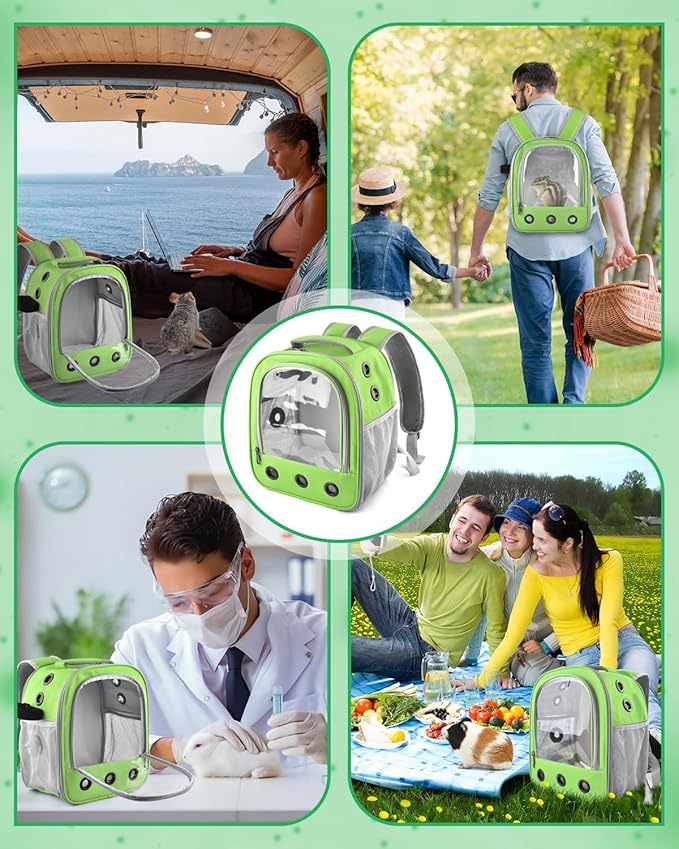 DBNESS Guinea Pig Carrier Backpack, Portable Rabbit Travel Carring Bag for Pet Bunny Chinchilla Bearded Dragon Hamster Parrot Outgoing Pouch Case with Water Bottle Holder & Detachable Pad (Green)