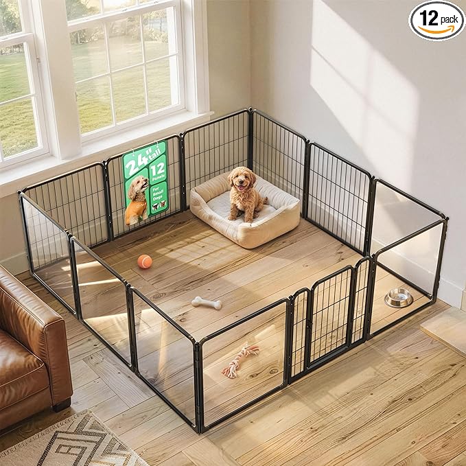 FXW AuraSpace Pro Acrylic & Wire Mesh Indoor Dog Playpen, 24" Height 12 Panels Metal Dog Pen for Puppies & Small Dogs, Black│Patented