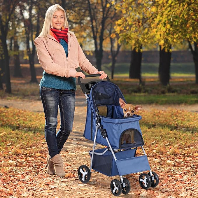 ZENY Foldable Pet Stroller, Cat/Dog Stroller with 4 Wheel, Pet Travel Carrier Strolling Cart with Storage Basket, Cup Holder (Navy Blue)