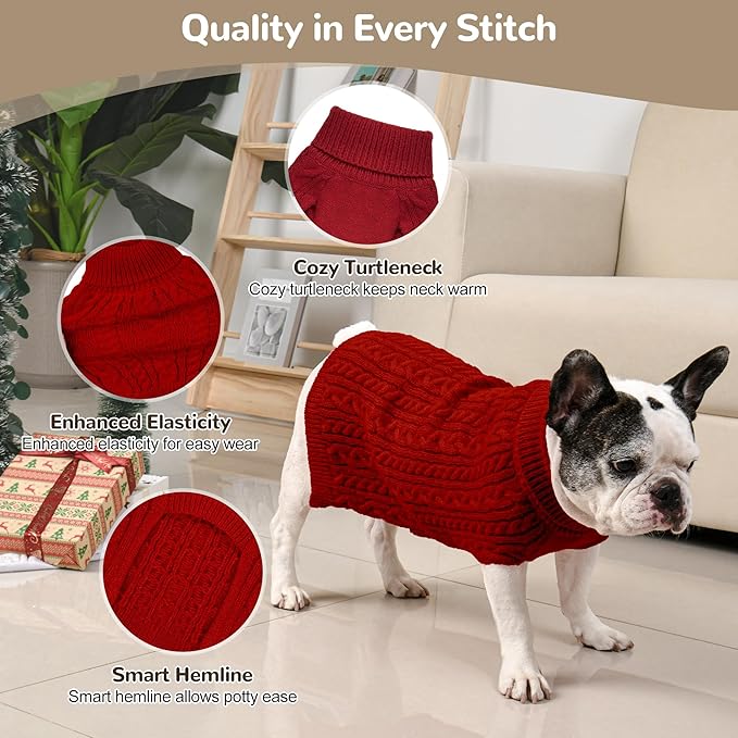 2 Pack Dog Sweaters for Medium Dogs Winter Turtleneck Pullover Cable Knit Fleece Stretch Frenchie Dachshund Pug Corgi Beagle Boy Girl Pet Clothes (L, Red & Brown)