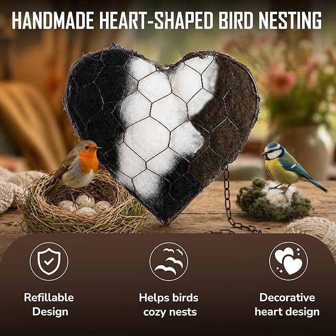 Alpaca Fiber Bird Nesting Heart – Natural Bird Nesting Material, Soft Alpaca Bird Nesting Heart for Outdoor Garden Birds & Nest Building Support