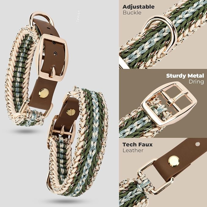 Tirevt Hand-Woven Dog Collar and Leash Set:Color-Block Design, Premium Reinforced Buckle, Adjustable Artisan Paracord for Puppies, Small, Medium & Large Dogs (Green, XS)