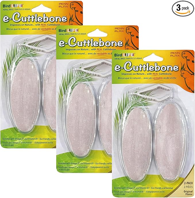 Penn-Plax Bird-Life E-Cuttlebone Original, 3 Pk (2 Count Each) - Durable, Less Brittle Cuttlebones Enriched with Omega 3, Honey & Vitamin B1 -Easy Mounting, Cage Clip - Great for All Bird Sizes -White