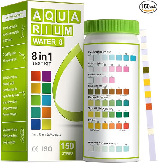 AAwipes 8-in-1 Aquarium Test Kit (150 Strips) for Freshwater & Saltwater - Quick & Accurate Water Testing for Aquariums & Ponds. Tests Free Chlorine, Hardness, pH, Ammonia Nitrogen, etc. (K02-150)