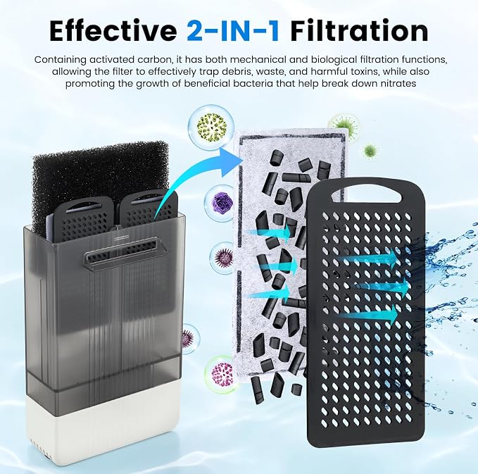 AQQA Turtle Filter for 10-20 Gallon Tank,Low Water Internal Aquarium Filter | Quiet Full Copper Motor, Replaceable Filter Sponge & Bio Sponge, Dual Mounting, 79 GPH, 5V Low Voltage