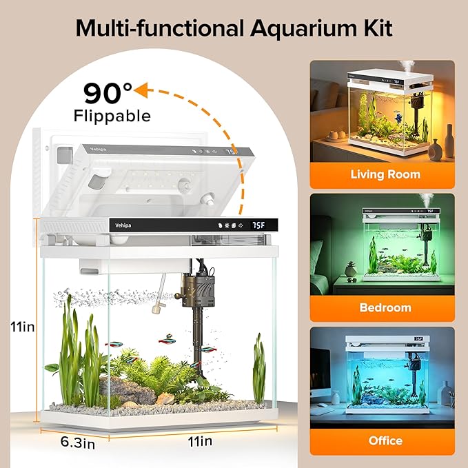 Vehipa Fish Tank Aquarium, 2.2 Gallon Smart Fish Aquarium Kits with Auto Feeder, Silent Water Pump, Temperature Display, Smart Humidifier & 7-Color Lighting, for Office & Home - White
