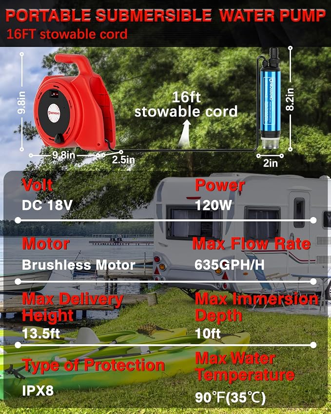 Uniqwamo Portable Transfer Pump Compatible for Milwaukee 18V Battery | 635GPH, 120W Battery Powered Water Pump, Submersible Water Pump for Garden, Camping, Kiddie Pool, Fish Tank(No Battery)