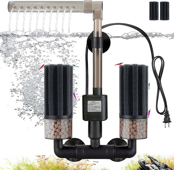 Electric Aquarium Sponge Filter with Submersible Pump, Ultra Quiet Power Filtration, Bio Media & Dual Sponges, Internal Filter for Freshwater & Saltwater Fish Tanks