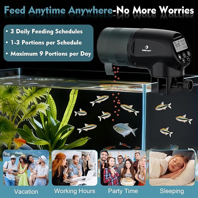 fishkeeper Automatic Fish Feeder for Aquarium: Moisture-Proof Auto Precision Feeders Dispenser with LCD Display for Small Tank Turtle Betta Koi - Battery Food Feeding Timer for Vacation Weekend Day