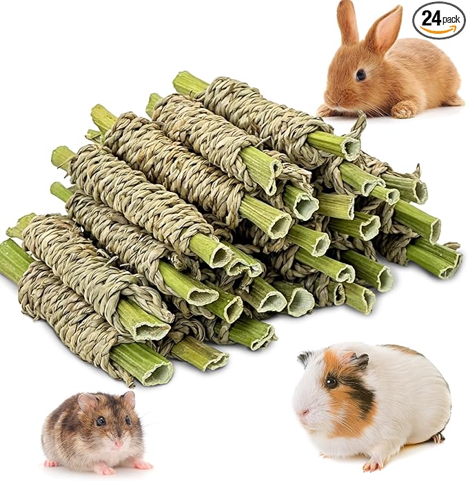 Fhiny 24 PCS Rabbit Chew Sticks, Natural Papaya Wood Seagrass Guinea Pig Chew Toys for Teeth Small Animal Molar Sticks Snacks for Bunny Guinea Pig Chinchilla Ferret Hamster Gerbil Dental Care