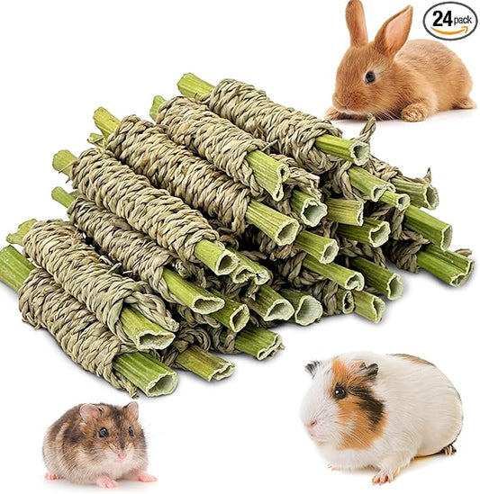 Fhiny 24 PCS Rabbit Chew Sticks, Natural Papaya Wood Seagrass Guinea Pig Chew Toys for Teeth Small Animal Molar Sticks Snacks for Bunny Guinea Pig Chinchilla Ferret Hamster Gerbil Dental Care