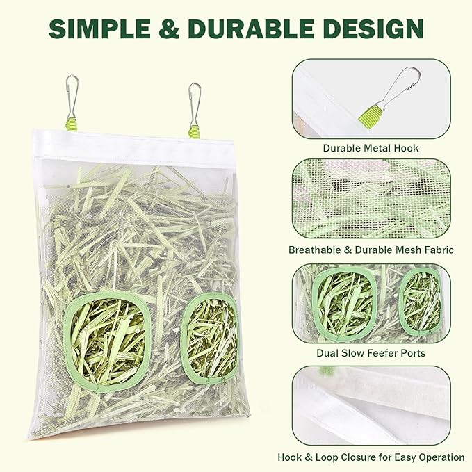 Mesh Guinea Pig Hay Feeder Bag for Guinea Pigs Rabbits Chinchillas, Hanging 2-Hole Hay Dispenser Breathable Wear-Resistant (White)