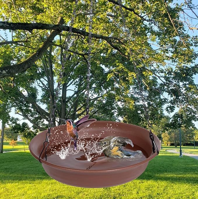 VUWEZ Hanging Bird Bath, Hanging Bird Water Feeder for Outdoors, Feeder Bowl, 2 Pack Birdbath Tray Accessories for Outside, Plastic Birdbaths Tray for Garden Patio Decoration (12", Chocolate)