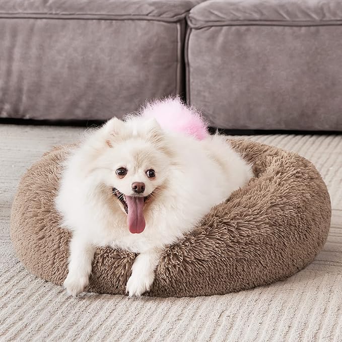 MIXJOY Calming Cat Beds for Indoor Cats, 20'' Kitten Donut Beds for Pet Up to 15lbs, Fluffy Small Cat Cuddler, Anti-Anxiety Plush Faux Fur Large Pet Bed Washable (20'', Brown)