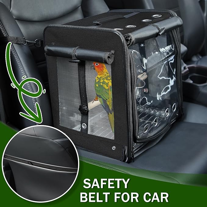 Bird Carrier with Seat Belt for Car Travel, Bird Backpack Carrier with Indestructible Stainless Steel Mesh, Large Bird Carrier Travel Cage, Black