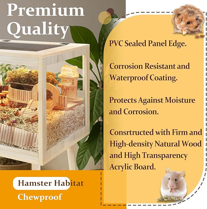 PROLEE Hamster Cage Chewproof, Mice and Rat Habitat with Transparent Sides, Hamster Cage with Openable Mesh Top, Solid Built with Lock Design and Leg Stand, 24" Long